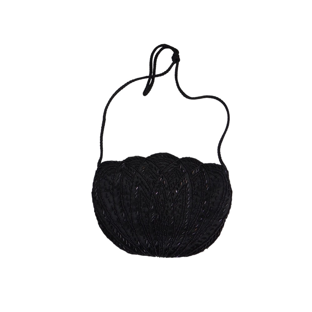 Magid Black Beaded Evening Bag Shell Pattern Satin‎ Shoulder Bag